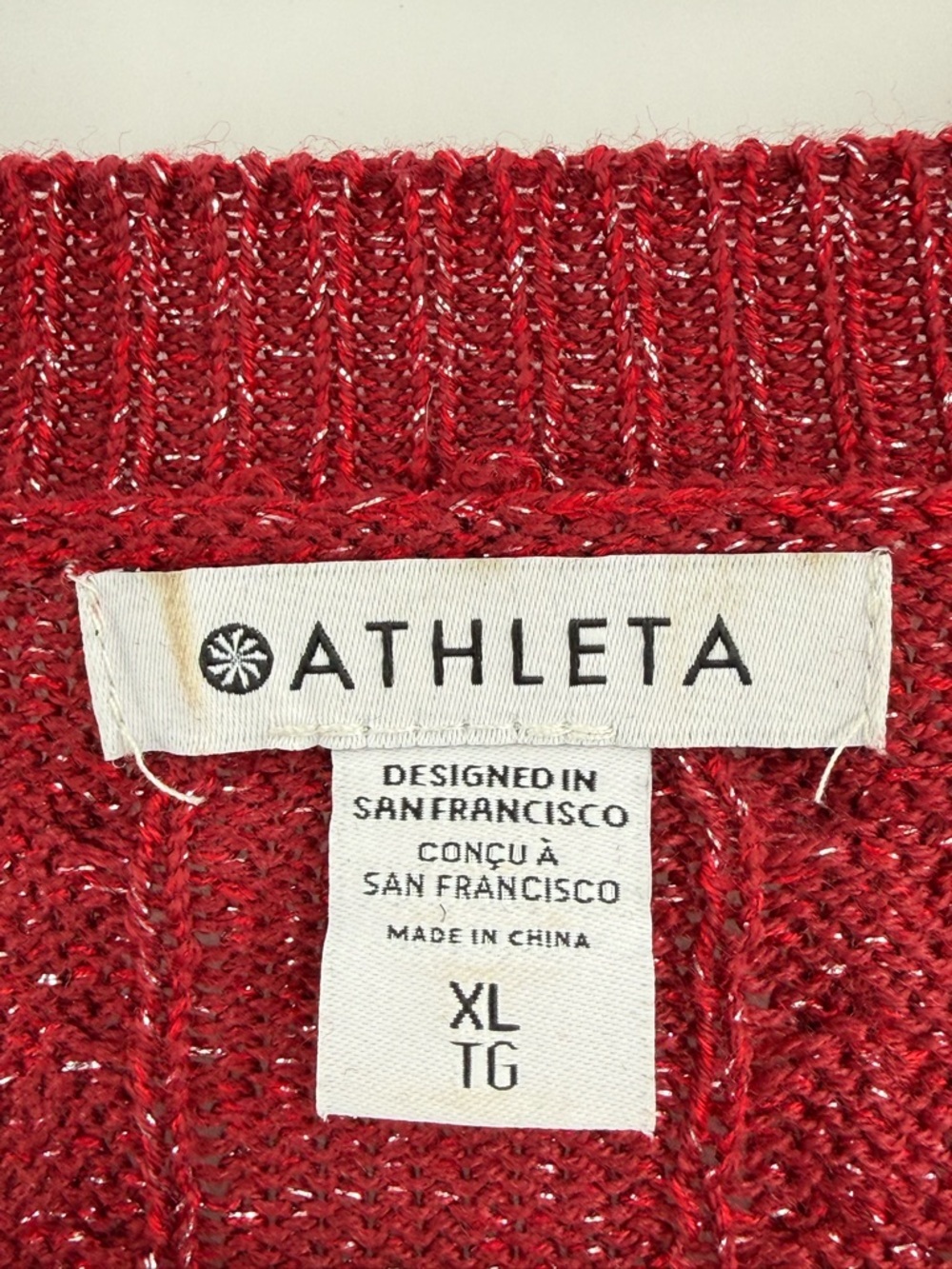 Athleta Crossroads Crew Sweater Red Metallic Cable Knit Cozy XL Holiday Luxe - Picture 11 of 14